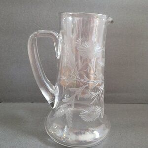 Vintage Clear Etched Glass Pitcher With Floral Design & Handle 9"